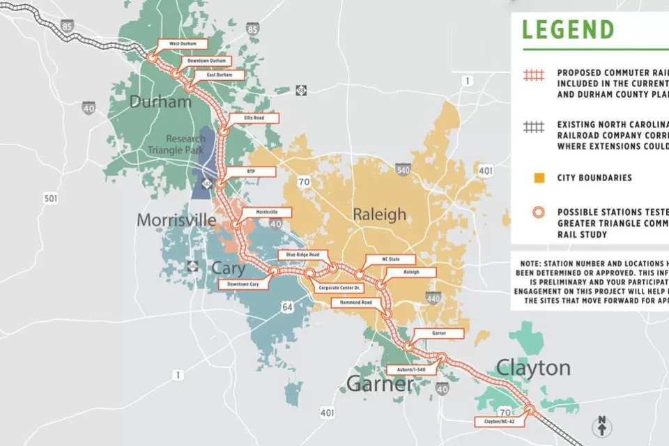 A map of the planned route of GoTriangle commuter rail.
